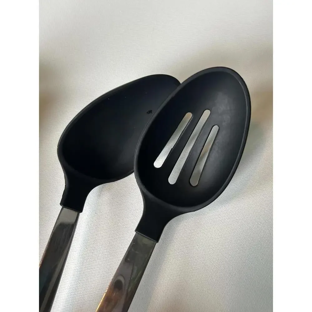 6 piece set of black silicone kitchen utensils with stainless steel handles